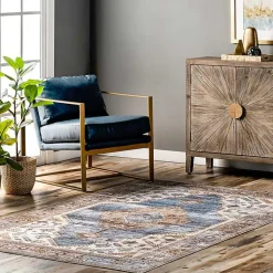 Blue Distressed Medallion Washable Area Rug, 5x8