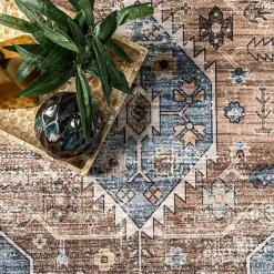 Blue Distressed Medallion Washable Area Rug, 5x8