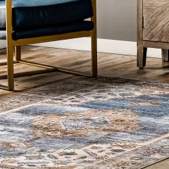 Blue Distressed Medallion Washable Area Rug, 5x8