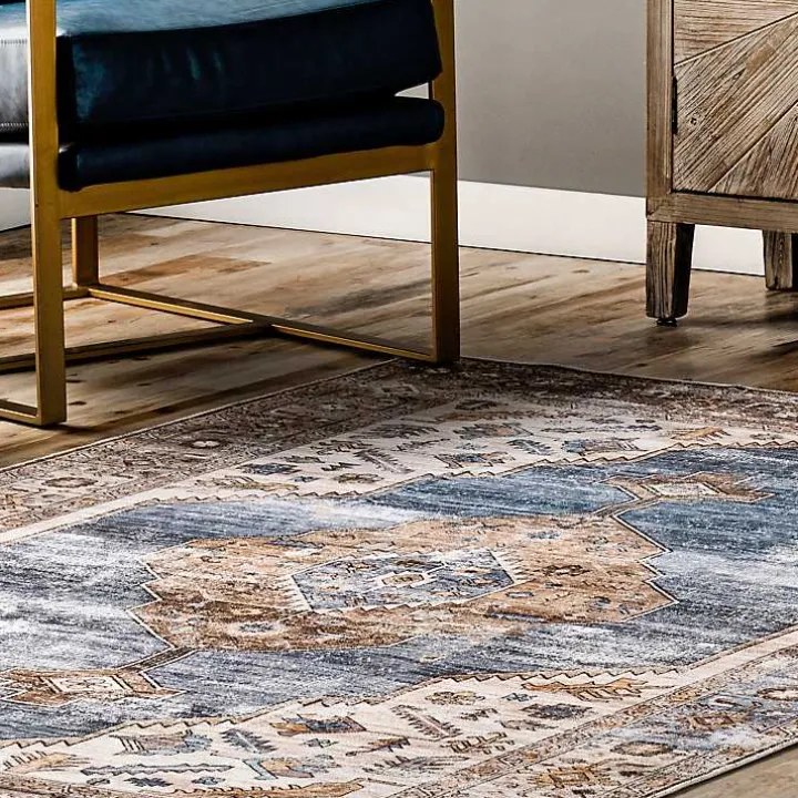 Blue Distressed Medallion Washable Area Rug, 5x8