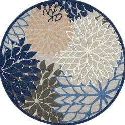 Blue Floral Burst Round Outdoor Area Rug, 7x7