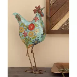 Blue Floral Metal Rooster Statue