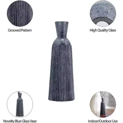 Blue Grooved Glass Vase, 16in