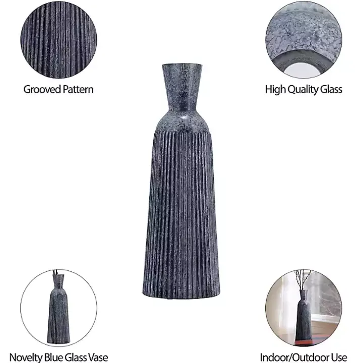 Blue Grooved Glass Vase, 16in