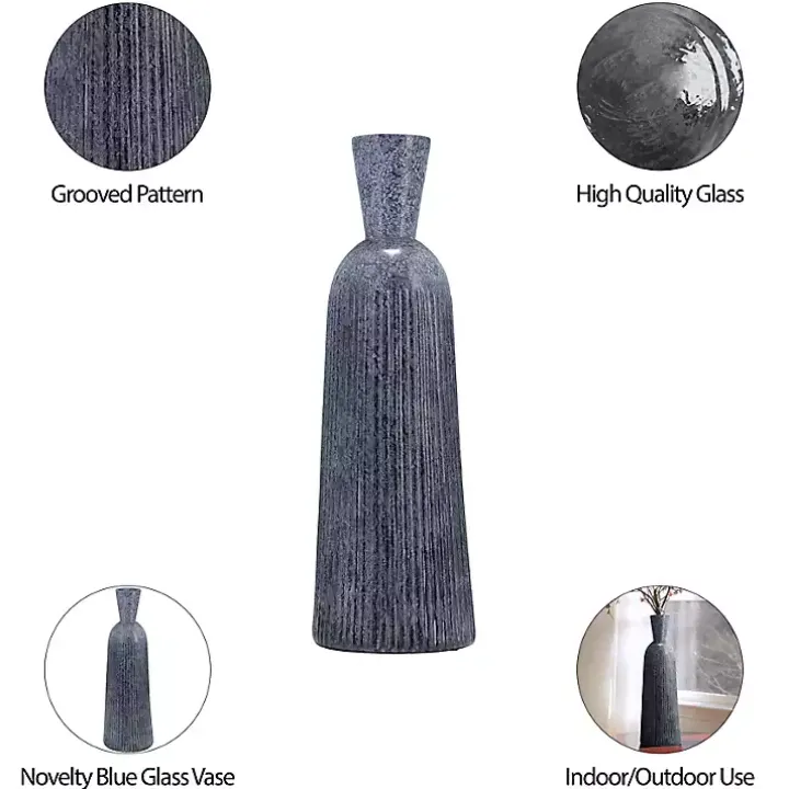 Blue Grooved Glass Vase, 20in