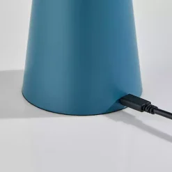 Blue Metal Cordless Lamp with White Ribbed Shade
