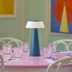 Blue Metal Cordless Lamp with White Ribbed Shade