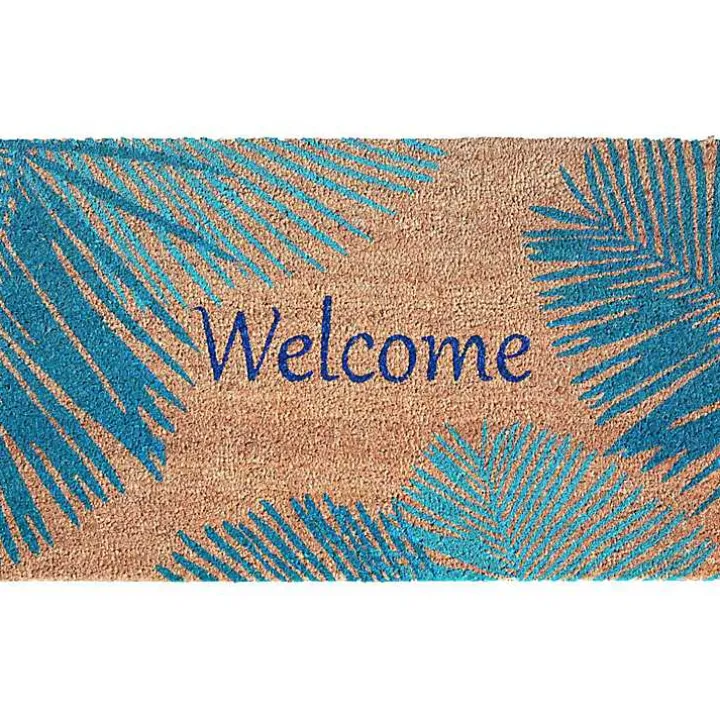 Blue Palm Fronds Welcome Coir Doormat