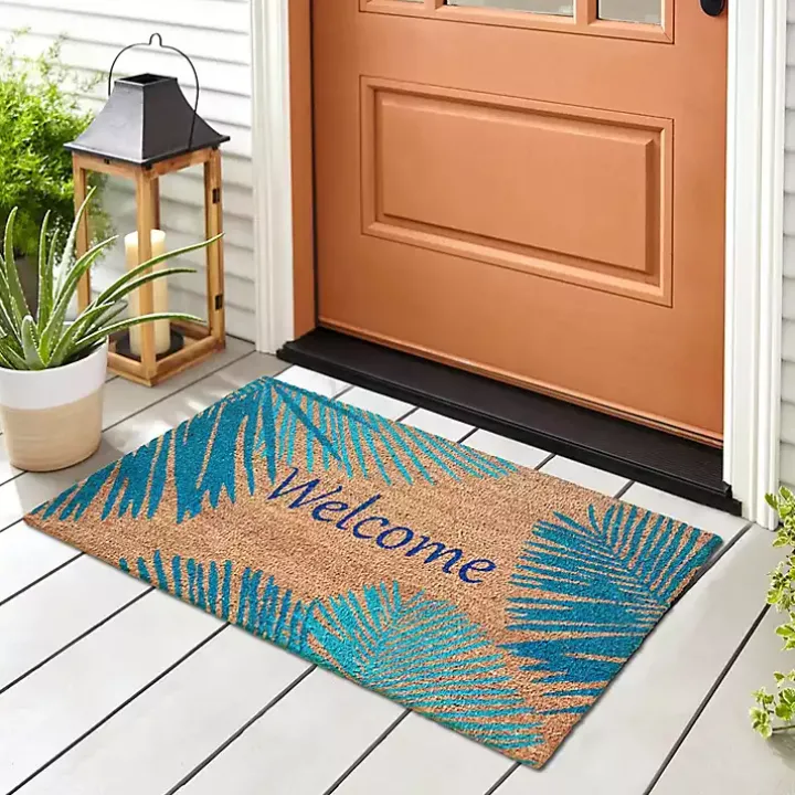 Blue Palm Fronds Welcome Coir Doormat