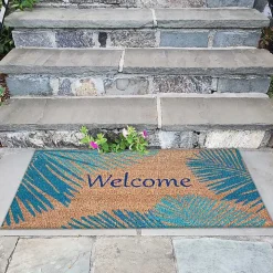 Blue Palm Fronds Welcome Coir Doormat
