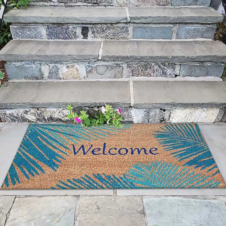 Blue Palm Fronds Welcome Coir Doormat