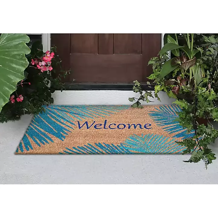 Blue Palm Fronds Welcome Coir Doormat