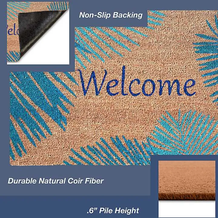 Blue Palm Fronds Welcome Coir Doormat