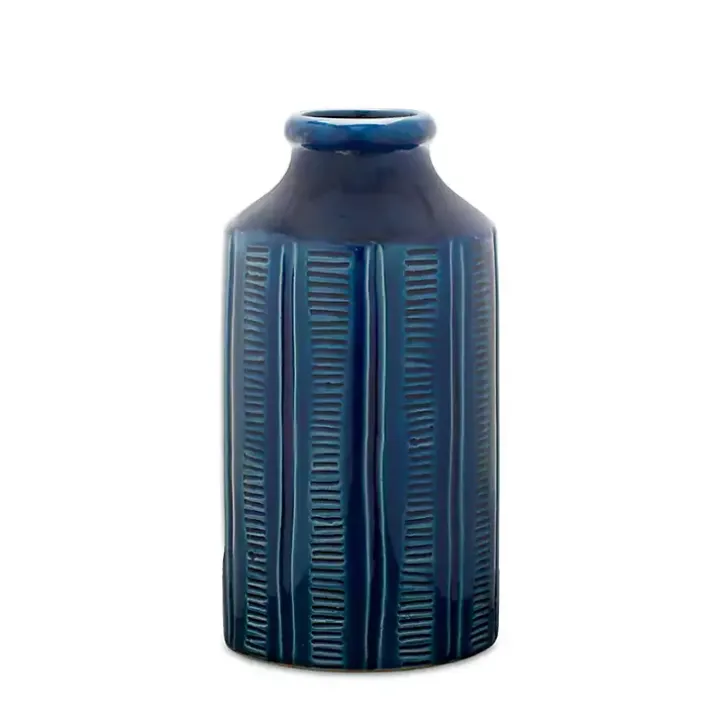 Blue Ribbed Terracotta Vase, 10 in.