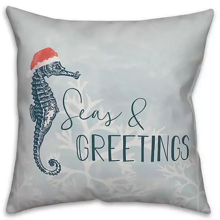 Blue Seas and Greetings Seahorse Pillow