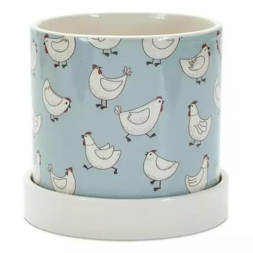 Blue Striped and Chicken Decorative Pots, Set of 2