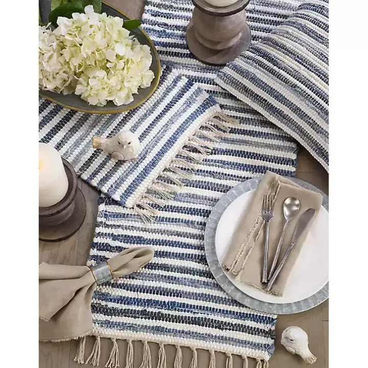 Blue Striped Chindi Cotton Table Runner