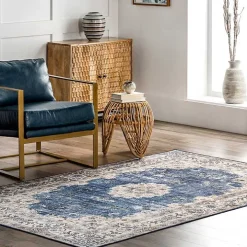 Blue Vintage Floral Washable Area Rug, 5x8