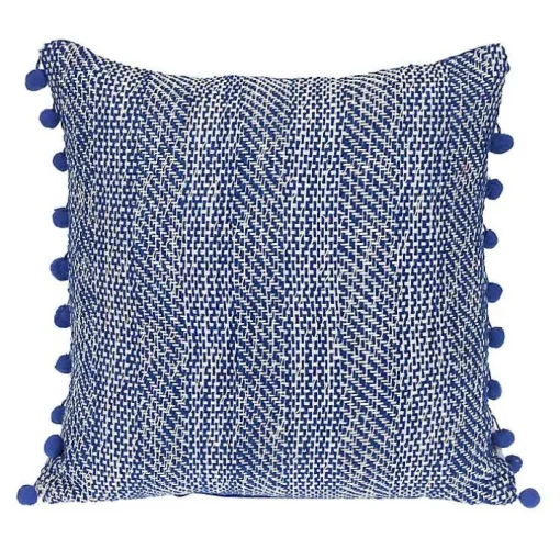 Blue Woven Pom Pom Pillow