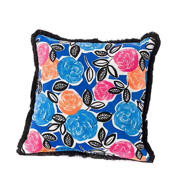 Bold Blue Floral Fringe Outdoor Pillow