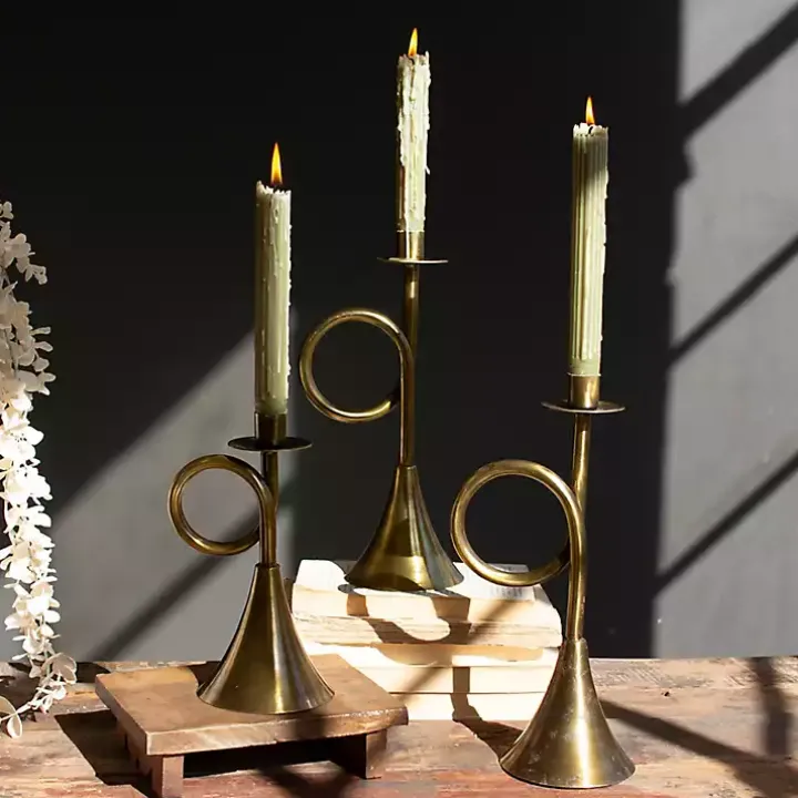 Brass Antique Trumpet Candle Holders, Set of 3