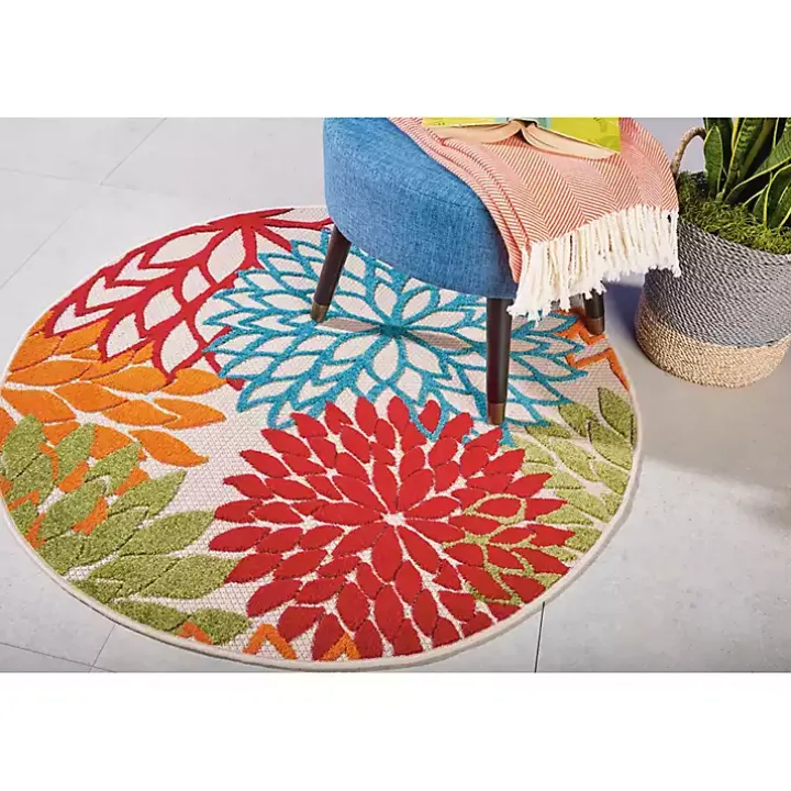 Bright Leaves Round Outdoor Area Rug, 5x5