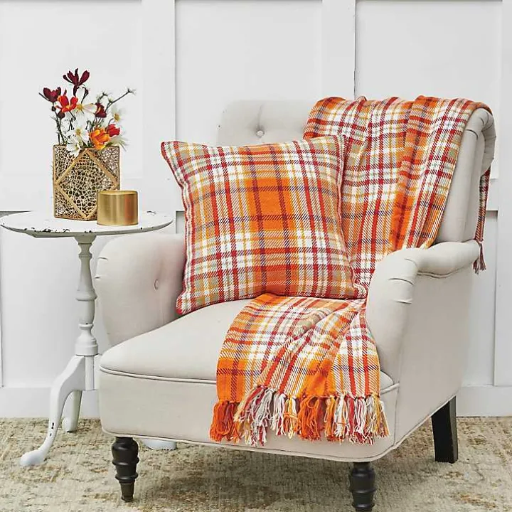 Bright Orange Harvest Plaid Throw