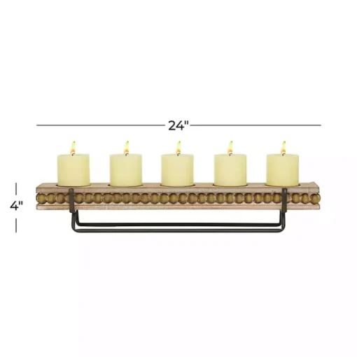 Brown Beaded Wood and Metal Base Candle Holder
