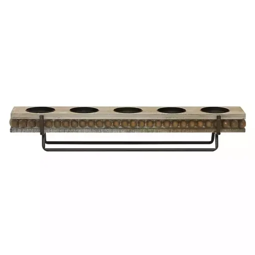 Brown Beaded Wood and Metal Base Candle Holder