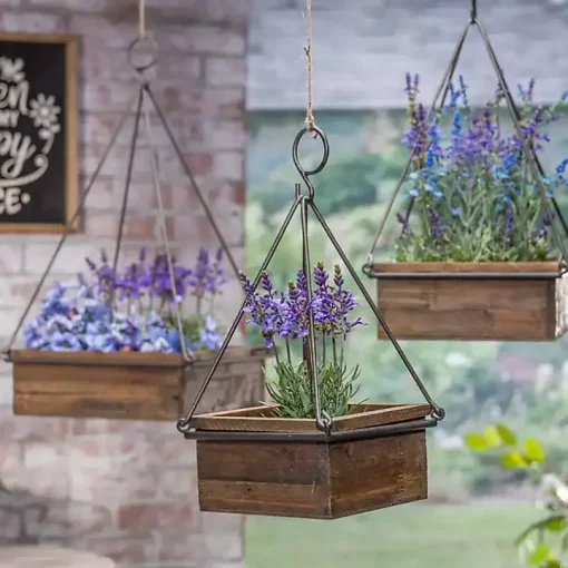 Brown Fir Wood Hanging Planter Boxes, Set of 3