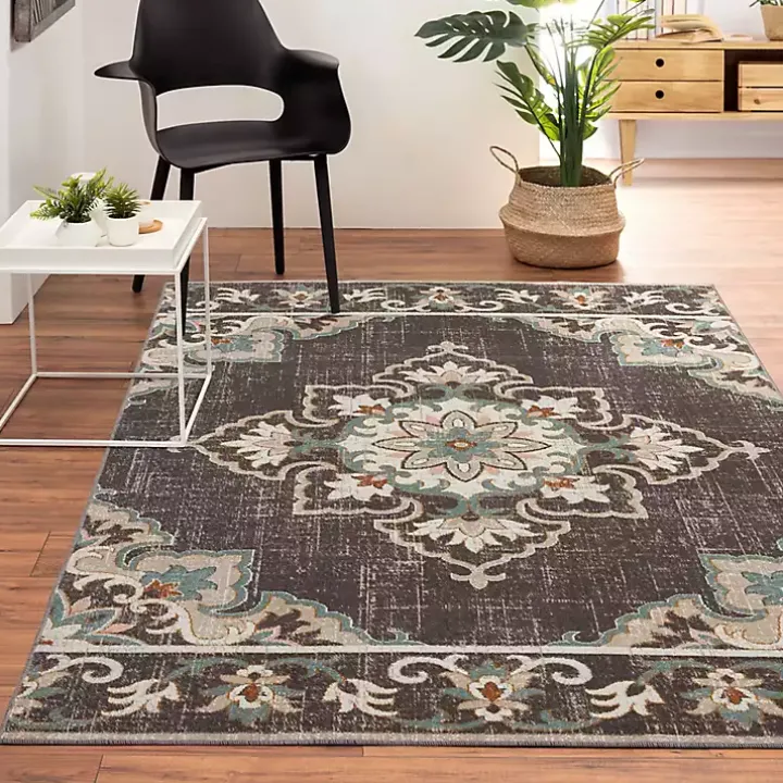 Brown Floral Medallion Outdoor Area Rug, 7x9