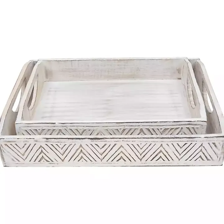 Brushed White Chevron Carved Trays, Set of 2