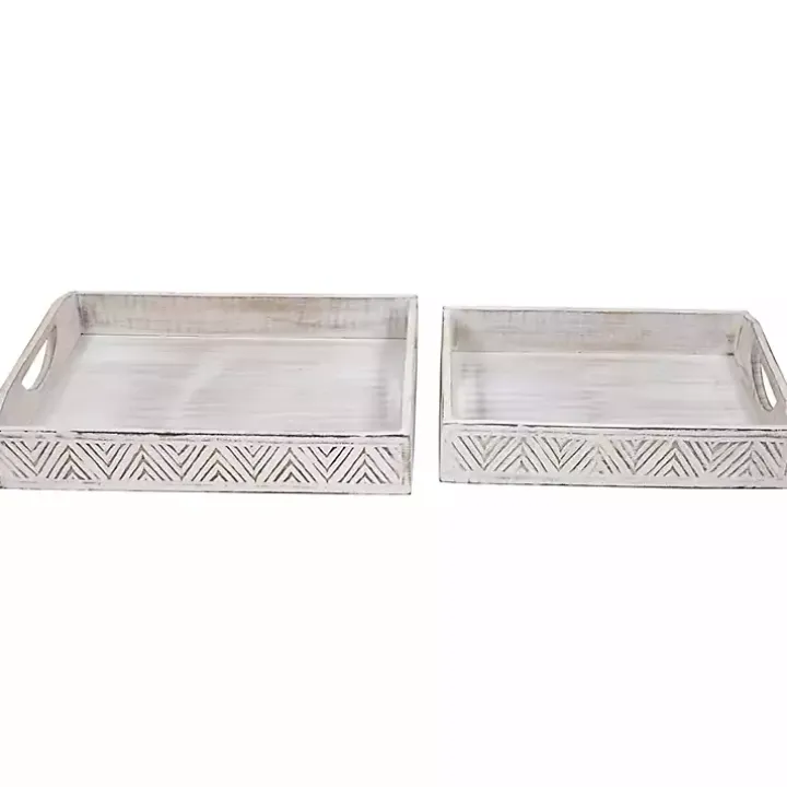 Brushed White Chevron Carved Trays, Set of 2