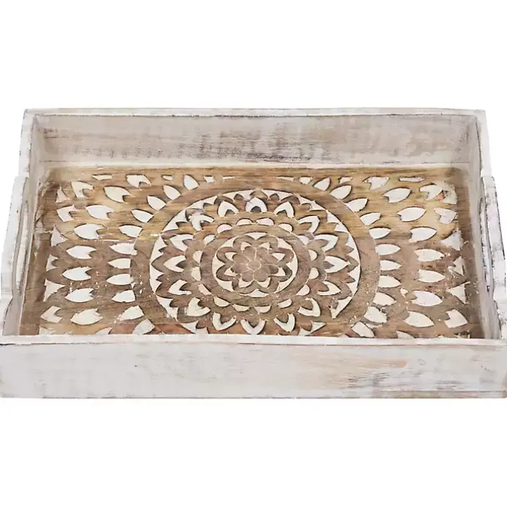Brushed White Mandala Carved Trays, Set of 2