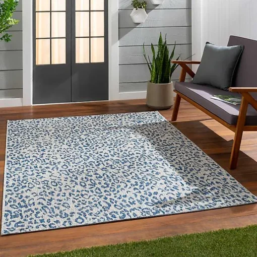 Cauli Blue Leopard Print Outdoor Rug, 8x12