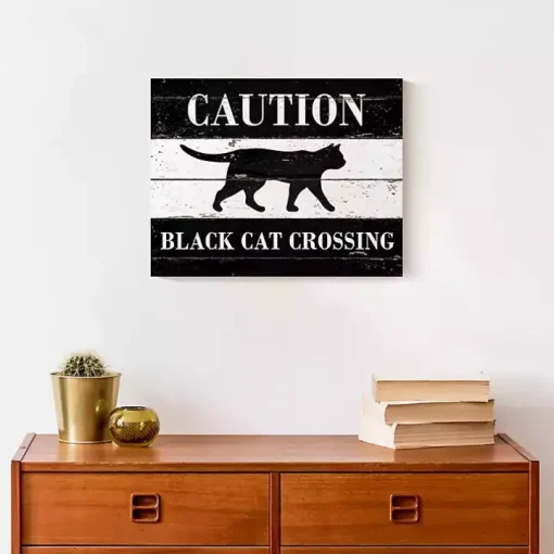 Caution Black Cat Crossing Halloween Canvas Print