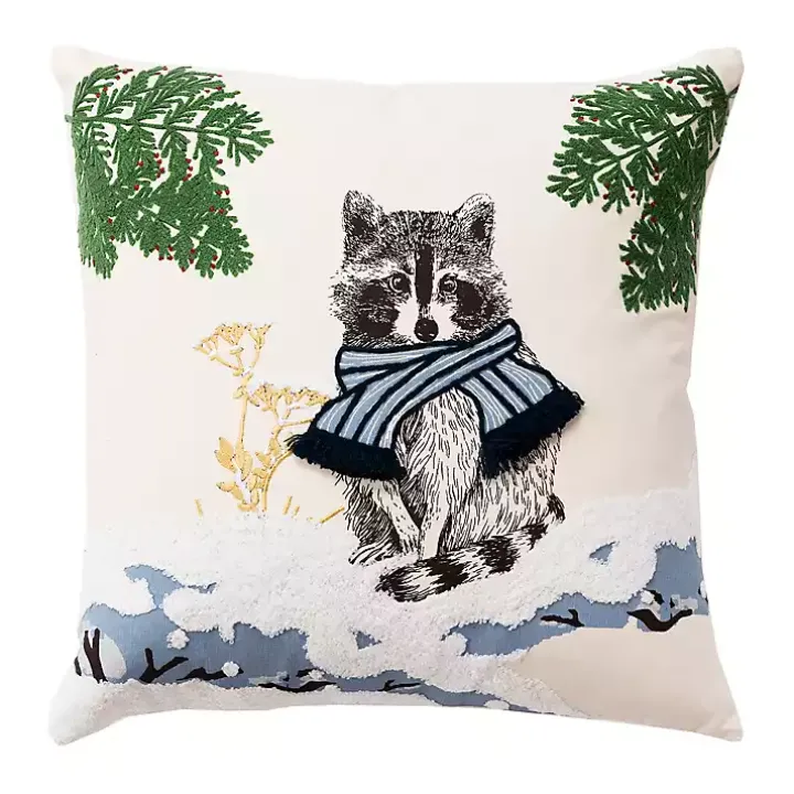 Chilly Racoon Embroidered Throw Pillow