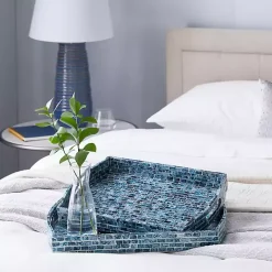Coastal Blue Wood and Oyster Shell Trays, Set of 2