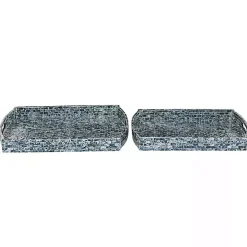 Coastal Blue Wood and Oyster Shell Trays, Set of 2