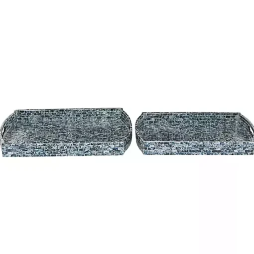 Coastal Blue Wood and Oyster Shell Trays, Set of 2