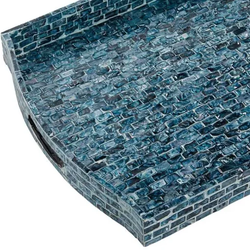 Coastal Blue Wood and Oyster Shell Trays, Set of 2