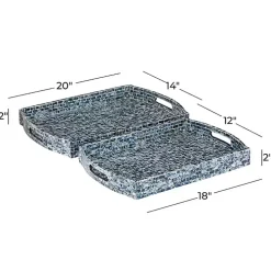Coastal Blue Wood and Oyster Shell Trays, Set of 2
