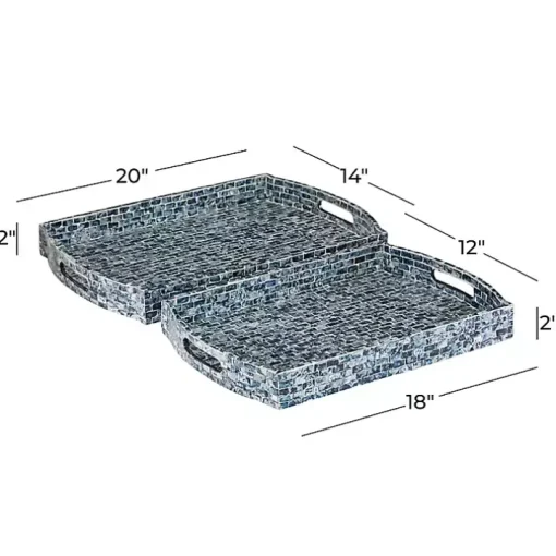 Coastal Blue Wood and Oyster Shell Trays, Set of 2