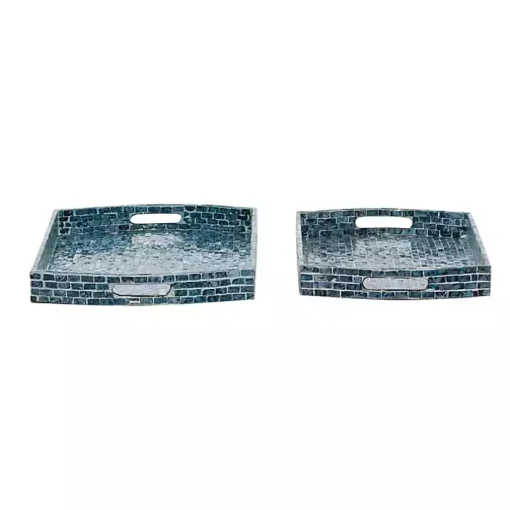 Coastal Blue Wood and Oyster Shell Trays, Set of 2