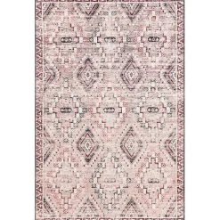 Cream & Red Diamond Trellis Washable Area Rug, 3x5