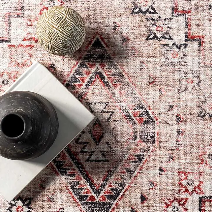 Cream & Red Diamond Trellis Washable Area Rug, 3x5