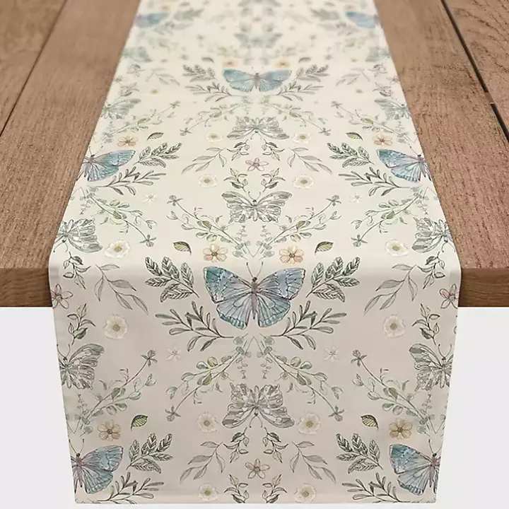 Cream Botanical Butterfly Table Runner, 72 in.