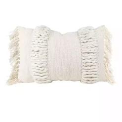 Cream Hand Woven Fringe Ends Lumbar Pillow