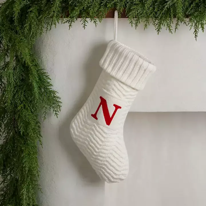 Cream Knit Monogram N Christmas Stocking