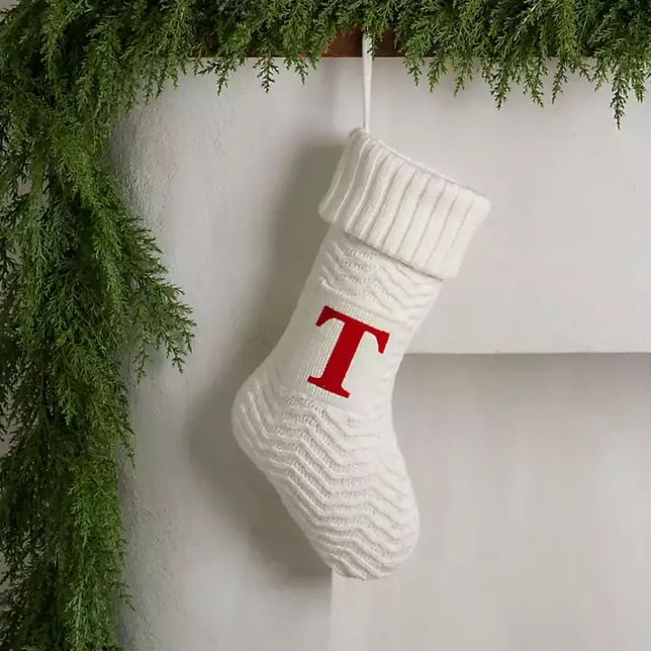 Cream Knit Monogram T Christmas Stocking